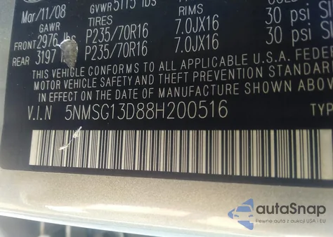 2008 Hyundai Santa Fe Gls from USA, damaged, VIN 5NMSG13D88H200516